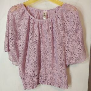 Knitworks Smocked Sheer Top Sz L Lilac Floral Lace Boho Dainty Romantic Fairy